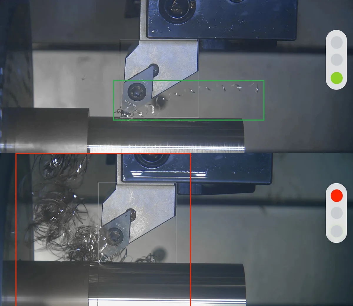 ChipRisk status in the Rotoclear C Pro live view — green indicator on a stable process, red on critical chip buildup