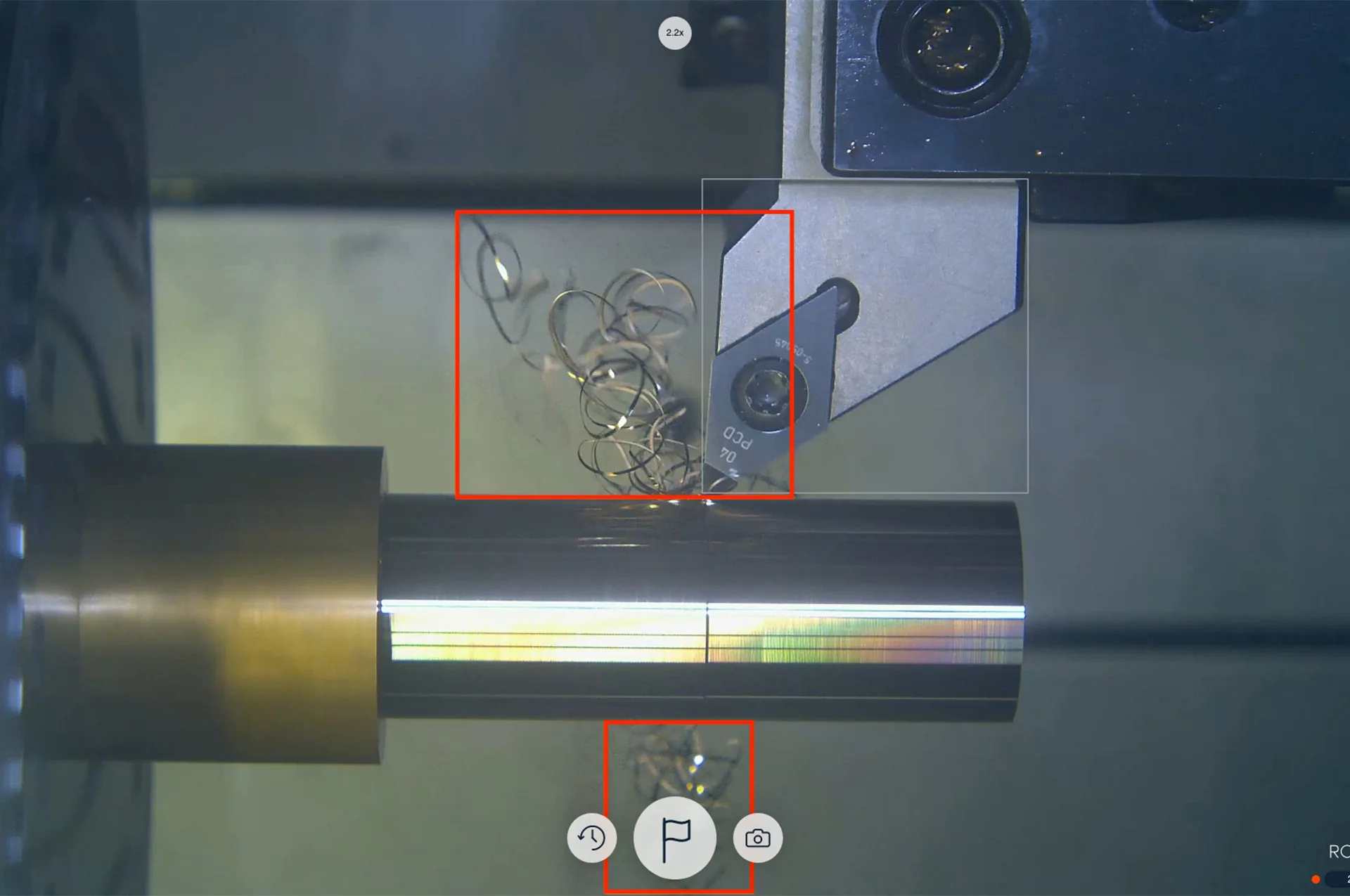 ChipDetect AI live image with detected chip shapes outlined at the tool and on the workpiece