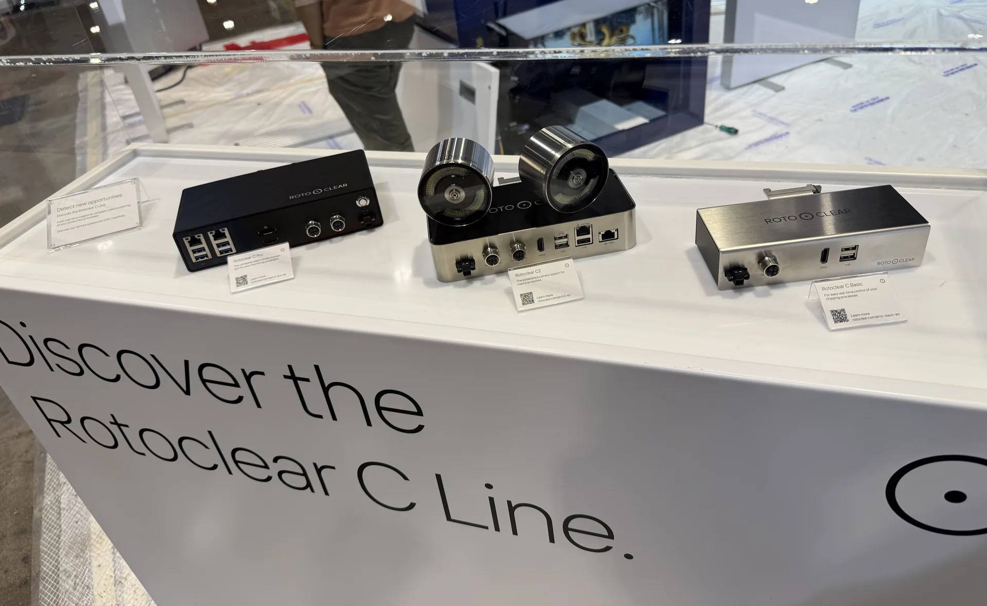 Rotoclear C-line camera heads and control units on the IMTS 2026 booth display
