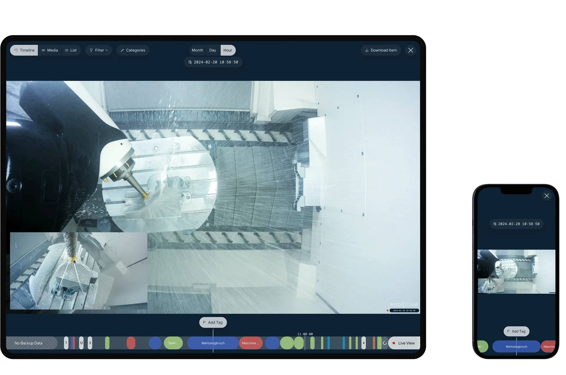 Rotoclear C Pro Timeline on a tablet and a phone: the recorded live view with the event timeline underneath, tagged with chip, tool-breakage and machine events.